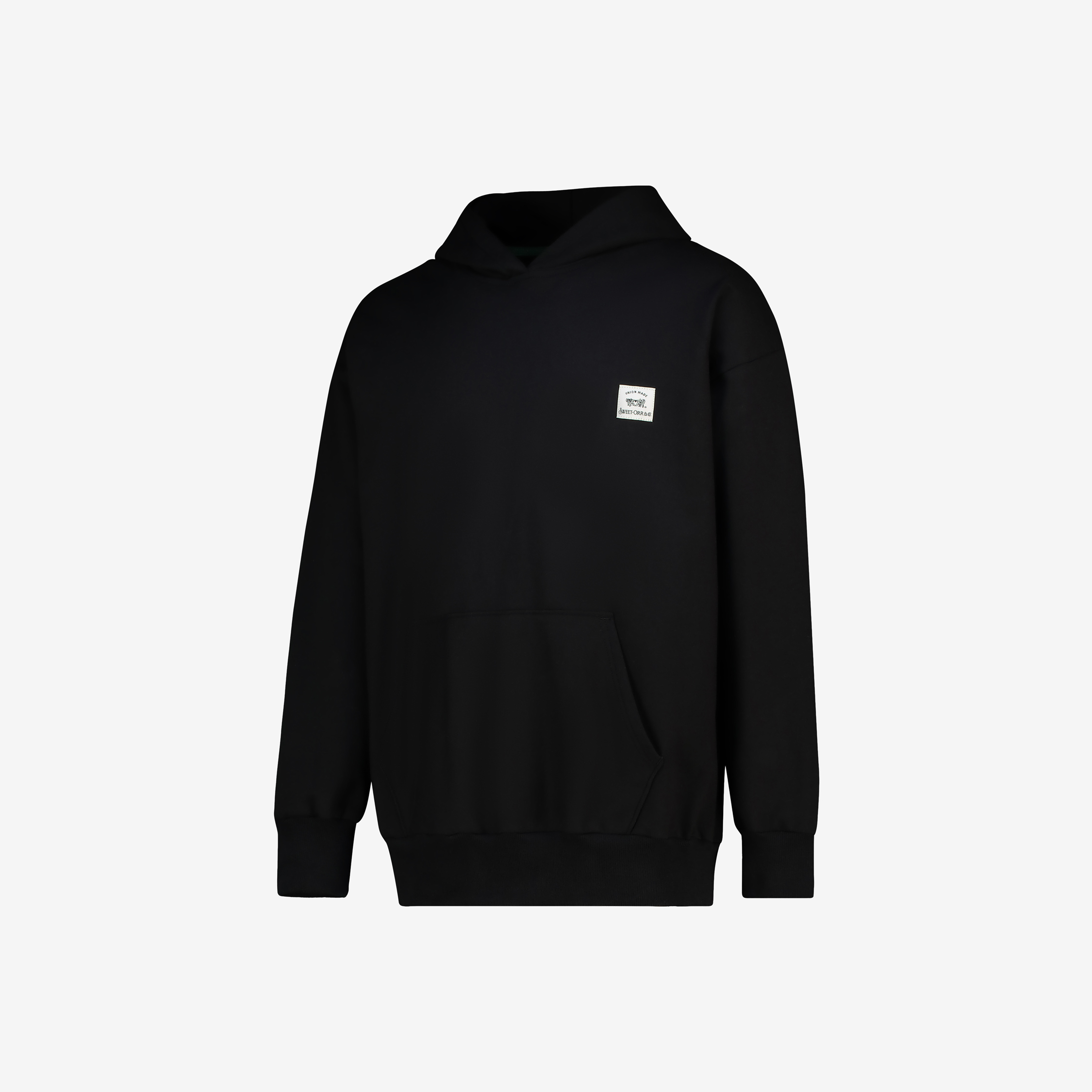 Black 100% cotton Sweet-Orr & Co. hoodie with drawstring hood, ribbed cuffs, ribbed hem and kangaroo pocket